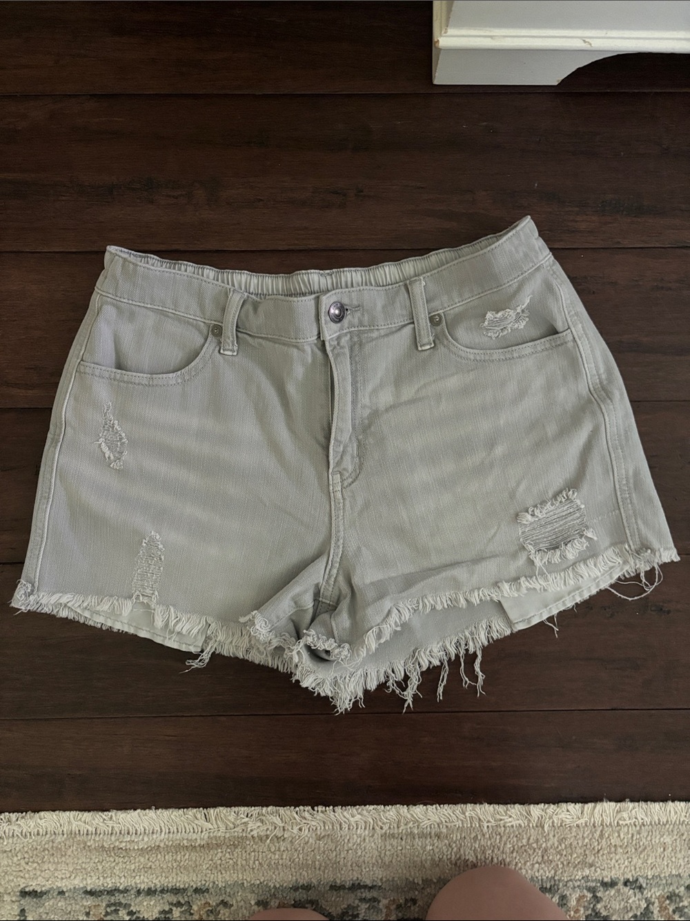 aerie Light Gray Distressed Denim Shorts with Frayed Hem